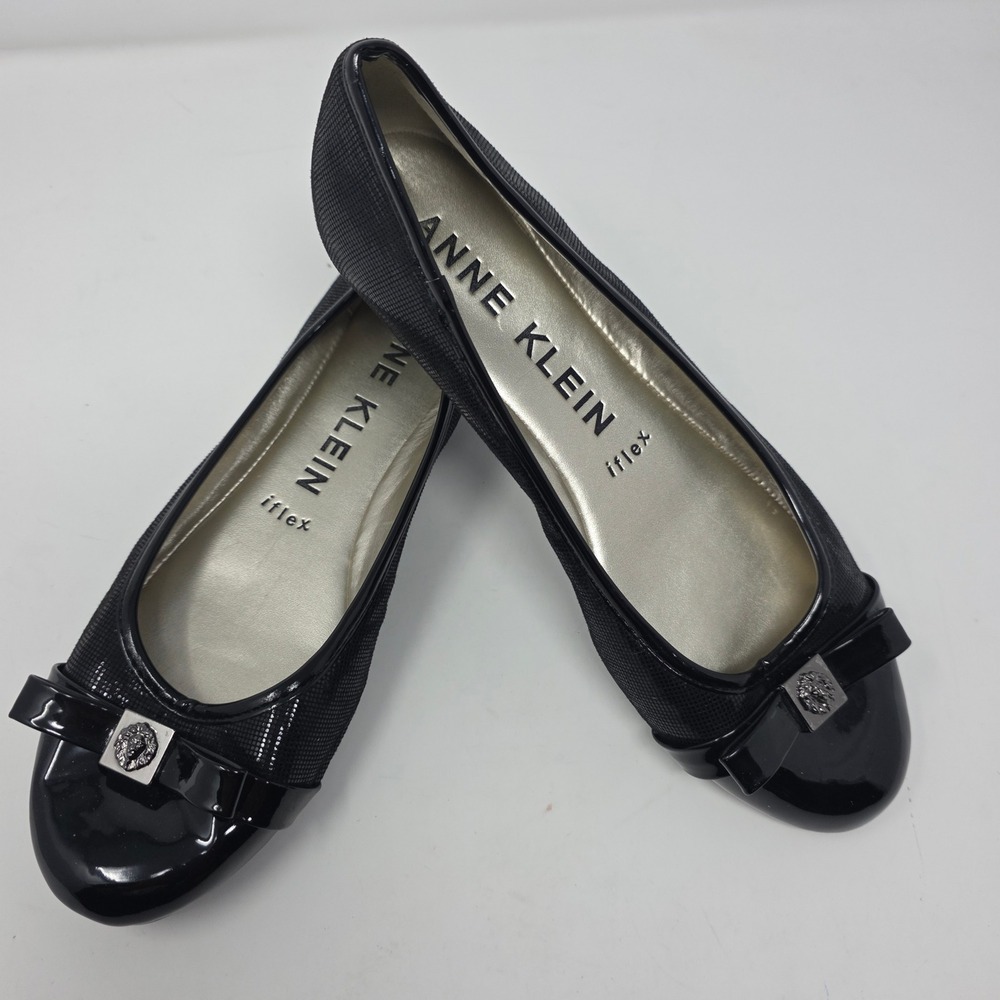 Anne Klein Tarly2 Flats Womens 8M Black Patent Bow iFlex Dress Shoes Ballet